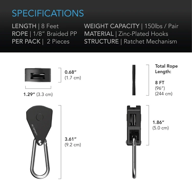AC-Infinity-rope-clip-hangers-wytrzymale-regulowane-uchwyty-wieszaki-zawieszki-do-sprzetu-max-68kg zawieszki zawiesia