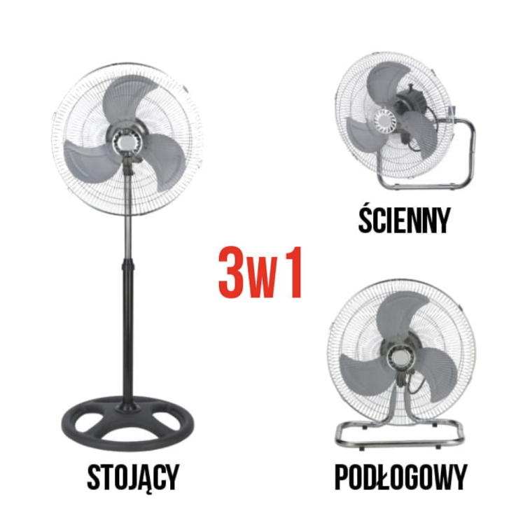 Wentylator Metalowy 48cm Stojący/Ścienny z Oscylacją - 3 Prędkości, 55W, Mieszający