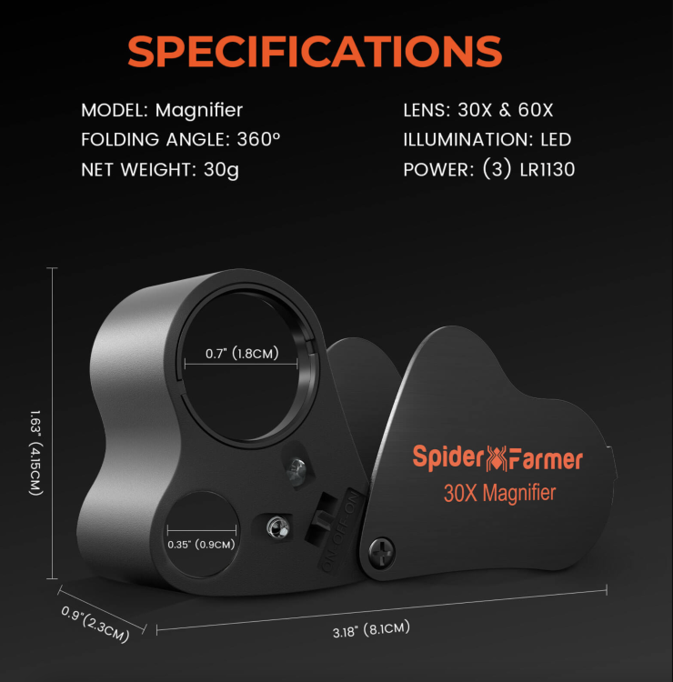 Spider Farmer® Lupa Jubilerska 30X-60X z Oświetleniem LED specyfikacja