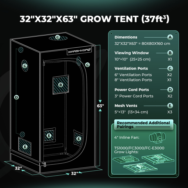 Mars Hydro TS 1000 LED 150W 80x80x160cm Zestaw Uprawowy Growbox Kontroler Klimatu wymiary namiotu
