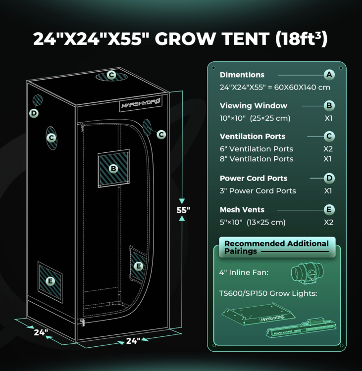 Mars Hydro TS 600 Led 100W 60x60x140cm Zestaw Uprawowy Growbox Sterownik iFresh wymiary