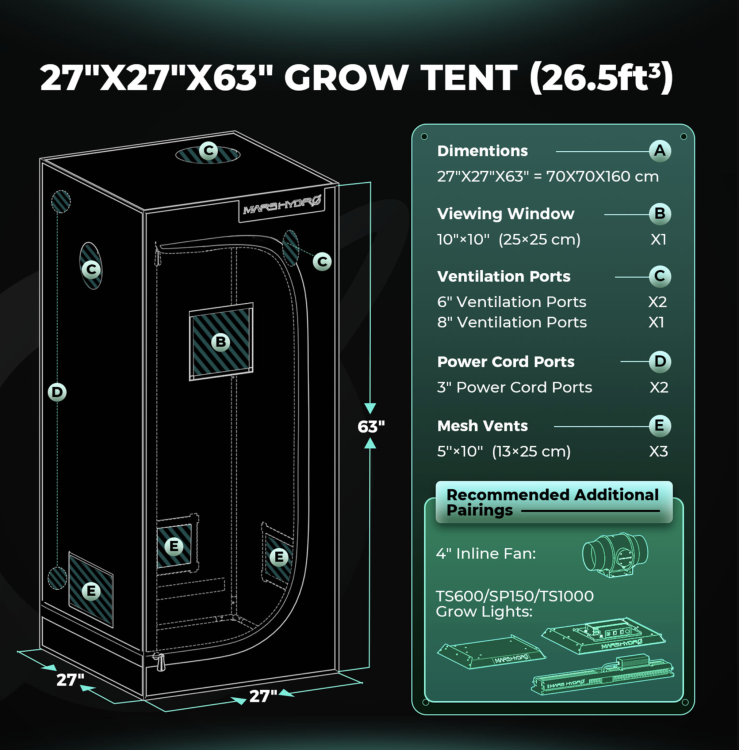 Mars Hydro TS 1000 LED 150W 70x70x160cm Zestaw Uprawowy Growbox z Aplikacją iFresh wymiar