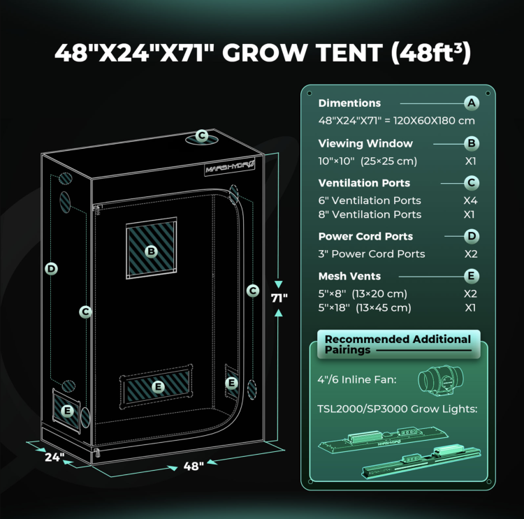 Mars Hydro TSL 2000 LED 300W 120x60x180cm Zestaw Uprawowy Growbox Regulator Prędkości rozmiary namiotu