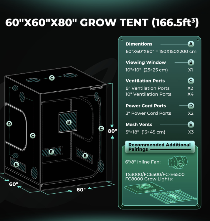 Mars Hydro FC E6500 LED 730W 150x150x200cm Zestaw Uprawowy Growbox Aplikacja iFresh rozmiar