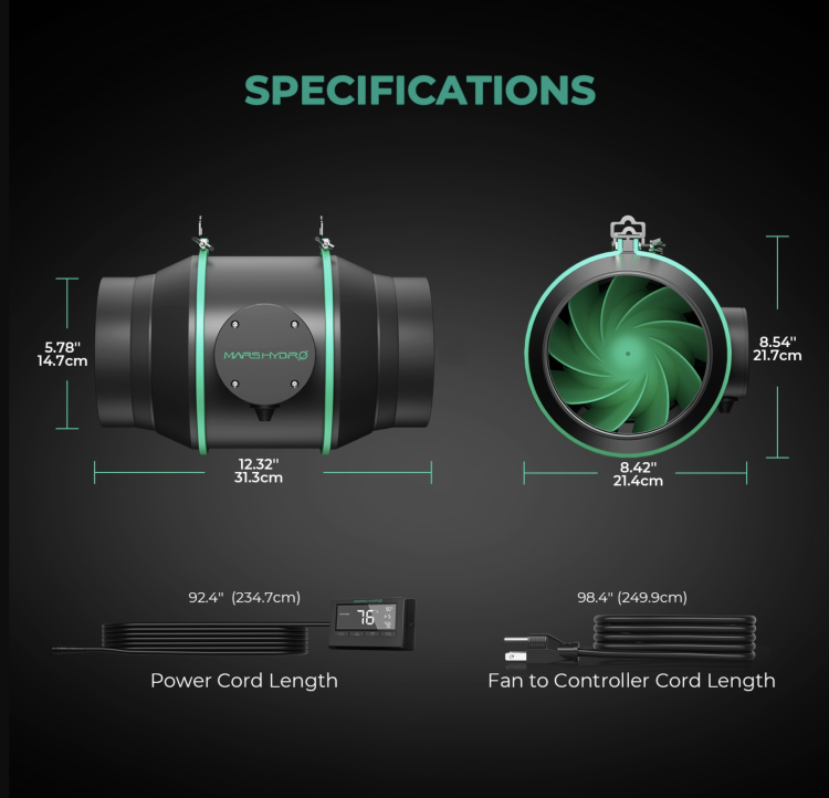 Mars Hydro Inline Duct Fan Wentylator Kanałowy z Regulacją Prędkości specyfikacja 150mm