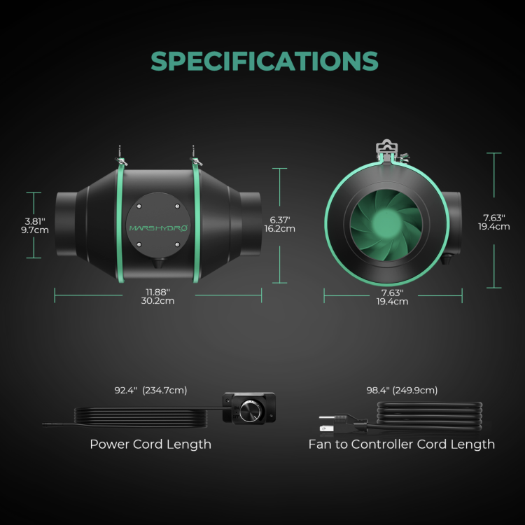Mars Hydro Inline Duct Fan Wentylator Kanałowy z Regulacją Prędkości 100mm