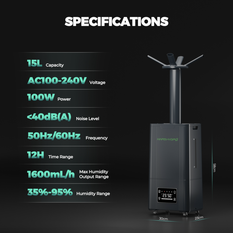 Mars Hydro Nawilżacz Ultradźwiękowy 15L 1.6L/h z Chłodną Mgłą – Do Dużych Pomieszczeń i Upraw Wewnętrznych specyfikacja