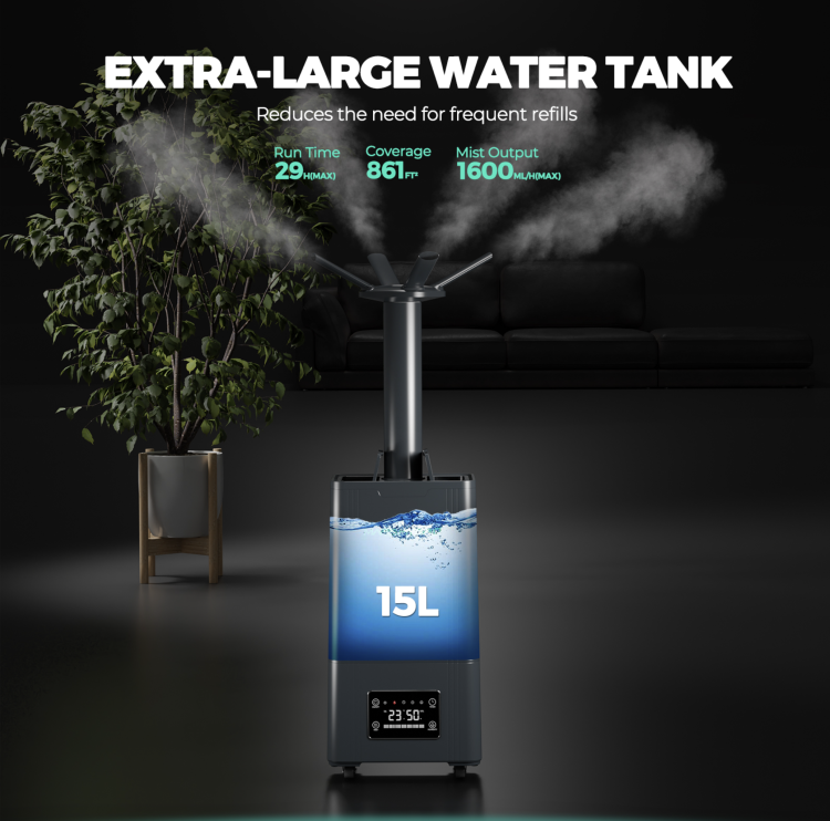 Mars Hydro Nawilżacz Ultradźwiękowy 15L 1.6L/h z Chłodną Mgłą – Do Dużych Pomieszczeń i Upraw Wewnętrznych duży zbiornik
