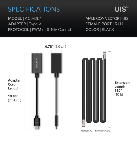 Adapter oświetleniowy ADL7 UIS™ Typu A AC Infinity – Podłącz lampy ze złączem RJ11/RJ12 do kontrolerów UIS™ specyfikacja