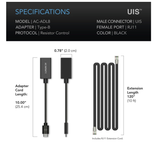 Adapter oświetleniowy ADL8 UIS™ Typu B AC Infinity – Podłącz lampy ze złączem RJ11/RJ12 do kontrolerów UIS™ specyfikacja