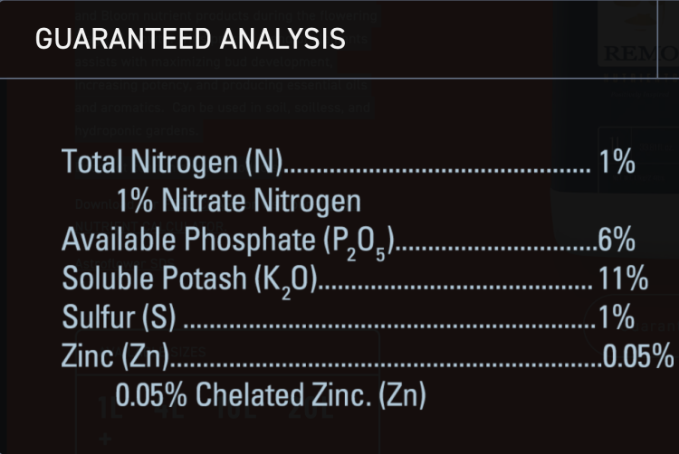 Remo AstroFlower skład fosfor 6% potas 11% siarka i cynk w chelacie