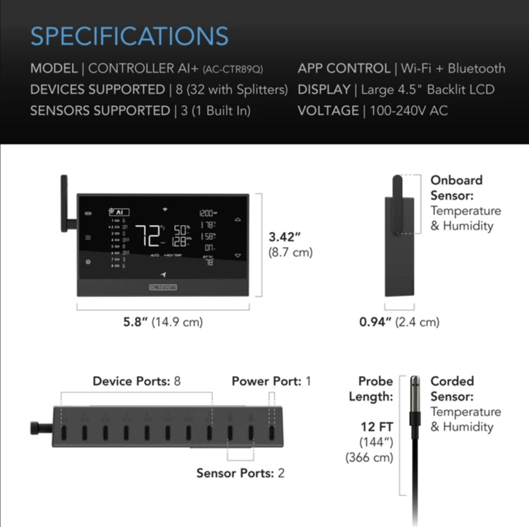 AC Infinity CONTROLLER AI+ Inteligentny kontroler klimatu do max. 32 urządzeń specyfikacja