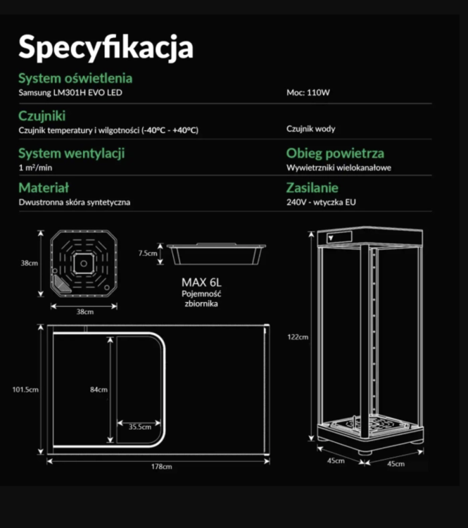 VGrow Smart Growbox 45x45x142 cm specyfikacja