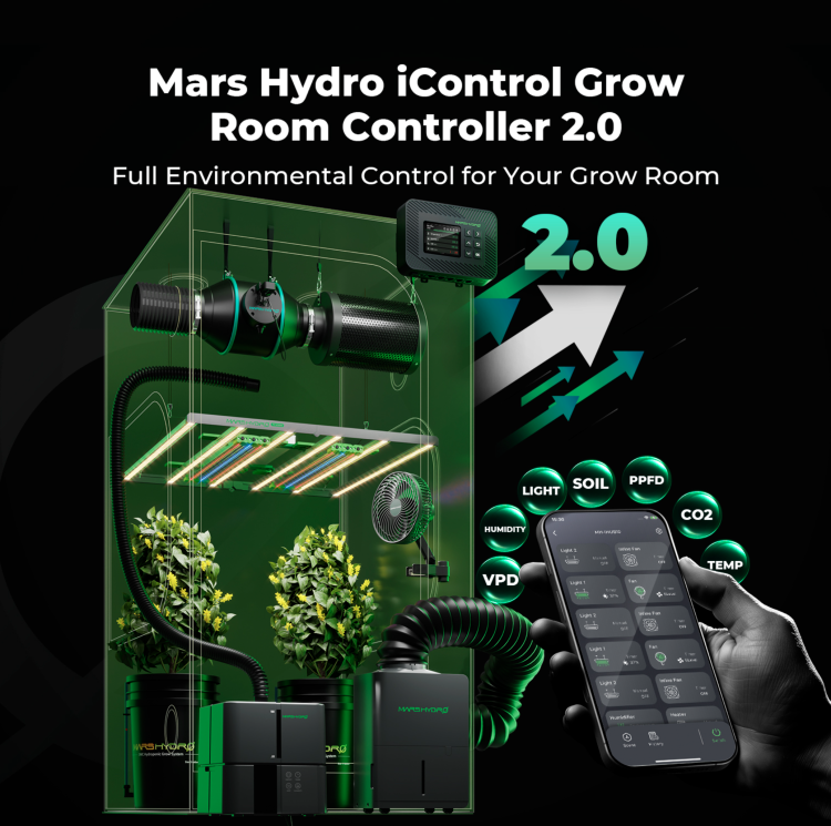 Przedstawia pełny ekosystem Mars Hydro iControl Grow Room Controller 2.0 – kontroler zintegrowany z lampami, wentylacją i nawilżaniem.