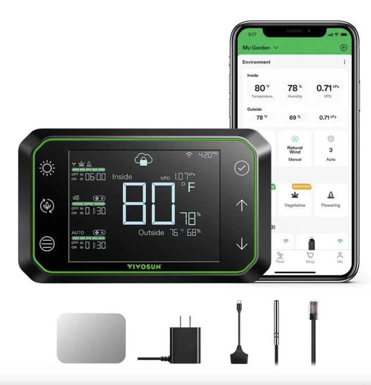 Vivosun GrowHub E42A Wi-Fi – inteligentny kontroler środowiska z ekranem LCD i funkcją zdalnego sterowania.
