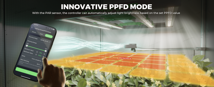 Smartfon z aplikacją sterującą oświetleniem w trybie PPFD, pokazującą ustawienia jasności i zakres temperatur, w tle growbox z lampami LED Mars Hydro.