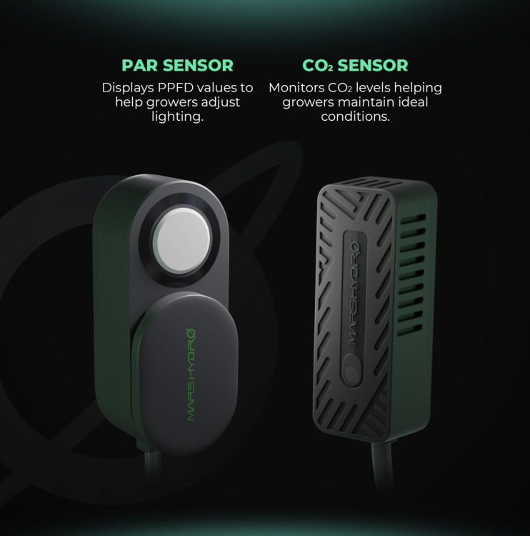 Zbliżenie na czujniki Mars Hydro – PAR Sensor i CO₂ Sensor, opisane jako elementy systemu pomiarowego.