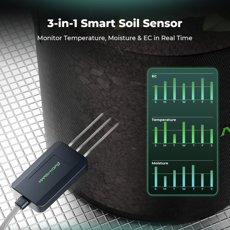 Mars Hydro Smart Soil Sensor 3w1 – czujnik do pomiaru wilgotności, temperatury i EC gleby w czasie rzeczywistym. aplikacja