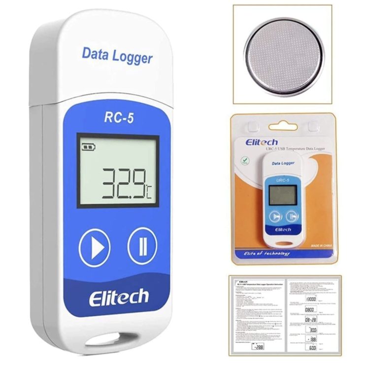 Rejestrator temperatury Elitech RC-5 z wyświetlaczem LCD pokazującym 32.9°C.