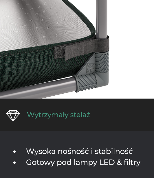 Fragment stelaża namiotu RoyalRoom – widoczny narożnik z rurką stalową, plastikową złączką i naciągniętym materiałem.