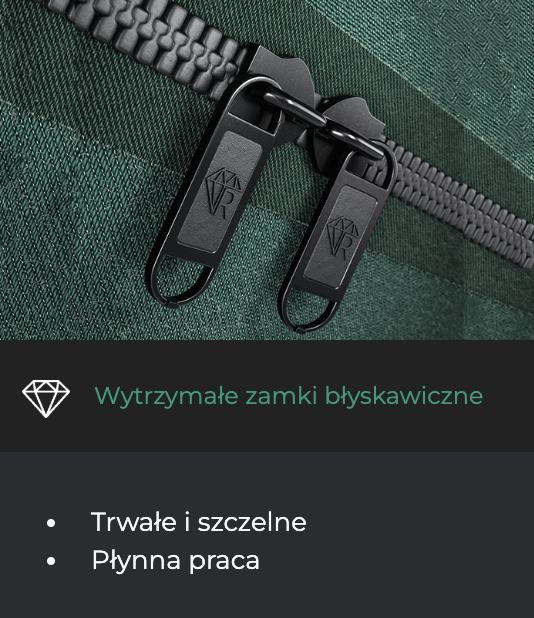 Zbliżenie na zamek błyskawiczny namiotu uprawowego RoyalRoom – podwójny suwak z logotypem w kształcie diamentu.
