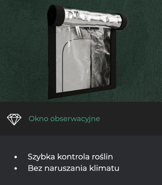 Okno obserwacyjne namiotu RoyalRoom – prostokątne, zasłaniane folią PVC z rzepem, umożliwiające kontrolę roślin bez otwierania namiotu.