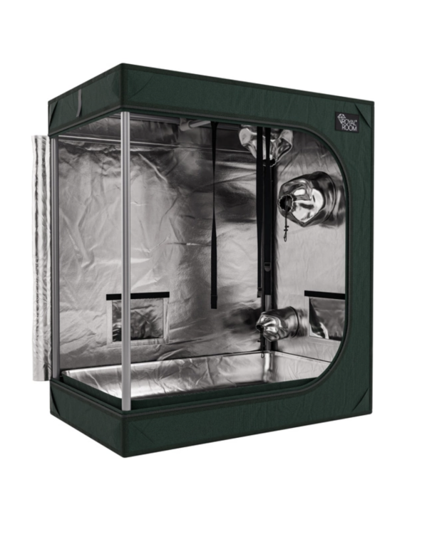 Namiot Royal Room z przodem częściowo otwartym, ukazujący wnętrze wyłożone refleksyjnym materiałem Mylar. Widać także paski do zawieszenia sprzętu i otwory wentylacyjne.