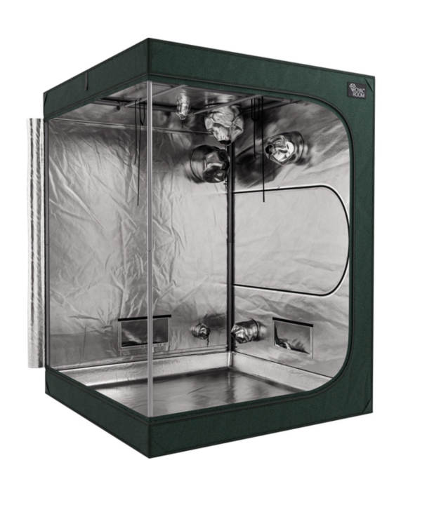 Namiot Royal Room z przodem częściowo otwartym, ukazujący wnętrze wyłożone refleksyjnym materiałem Mylar. Widać także paski do zawieszenia sprzętu i otwory wentylacyjne.