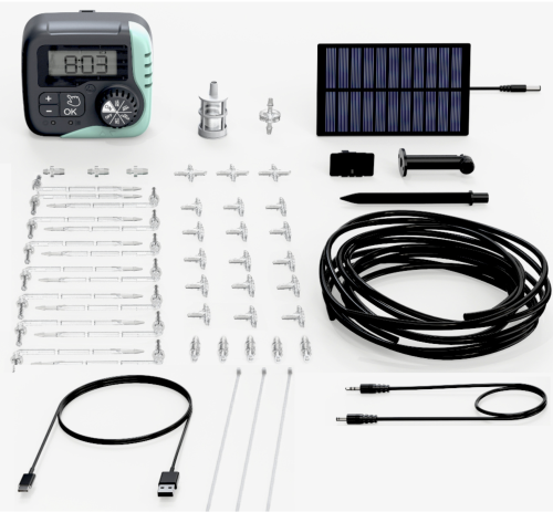 kompletny zestaw Water Master Solar Irrigation Kit – panel solarny, sterownik LCD, pompka, rurki i mikro-kroplowniki.