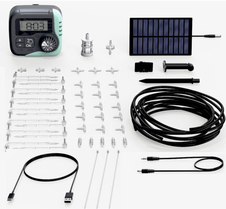 kompletny zestaw Water Master Solar Irrigation Kit – panel solarny, sterownik LCD, pompka, rurki i mikro-kroplowniki.