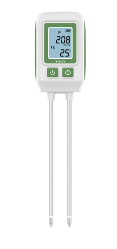 Szczegółowy widok na ekran LCD – pomiar fosforu 208 mg/kg i temperatura gleby 25°C.