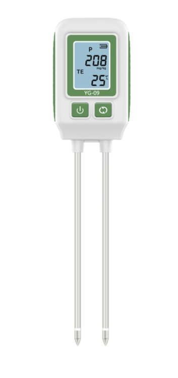 Szczegółowy widok na ekran LCD – pomiar fosforu 208 mg/kg i temperatura gleby 25°C.