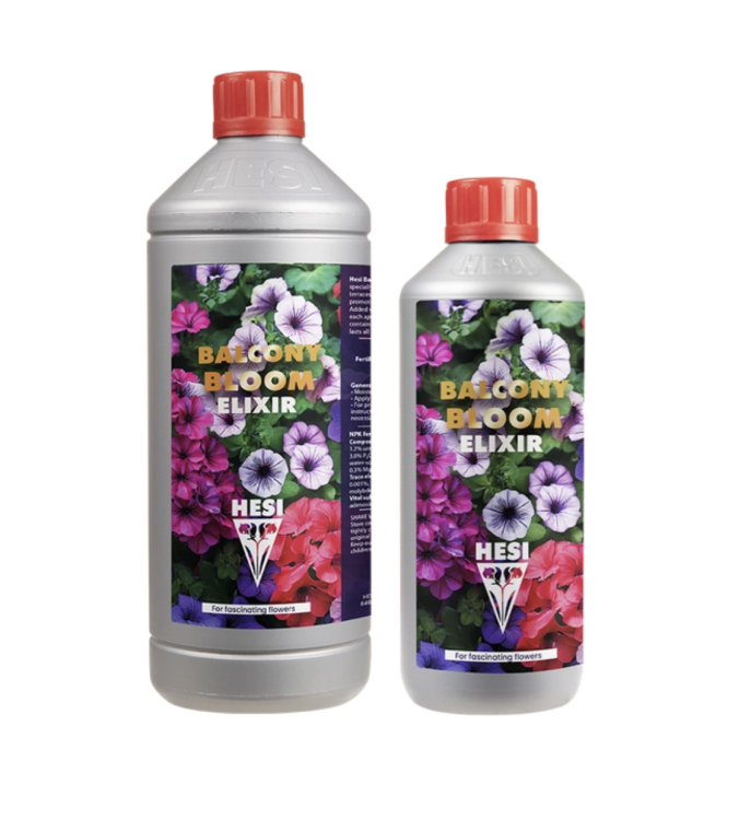 Butelka nawozu Hesi Balcony Bloom Elixir – płynny eliksir do roślin balkonowych, wspierający bujne kwitnienie i odporność w donicach i skrzynkach.