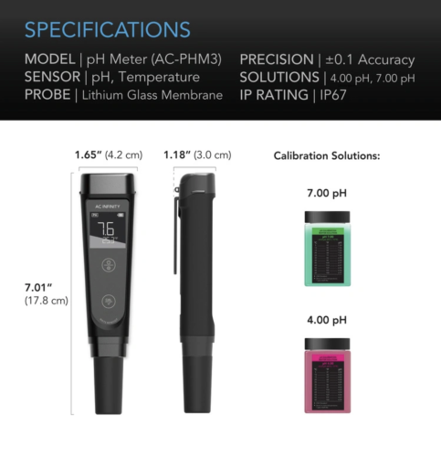 Specyfikacja techniczna AC Infinity pH Meter PRO Kit AC-PHM5 z wymiarami 4,2 × 3,3 × 17,8 cm oraz roztworami kalibracyjnymi pH 4.00 i 7.00, klasa szczelności IP67.