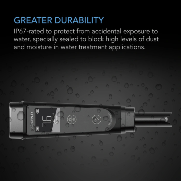 AC Infinity pH Meter PRO Kit z klasą wodoodporności IP67, zabezpieczenie przed wilgocią i pyłem, trwała konstrukcja do zastosowań ogrodniczych i hydroponicznych.
