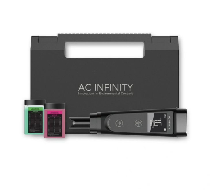 Zestaw AC Infinity pH Meter PRO Kit AC-PHM5 z walizką transportową oraz roztworami kalibracyjnymi pH 4.00 i 7.00 do precyzyjnej kalibracji.