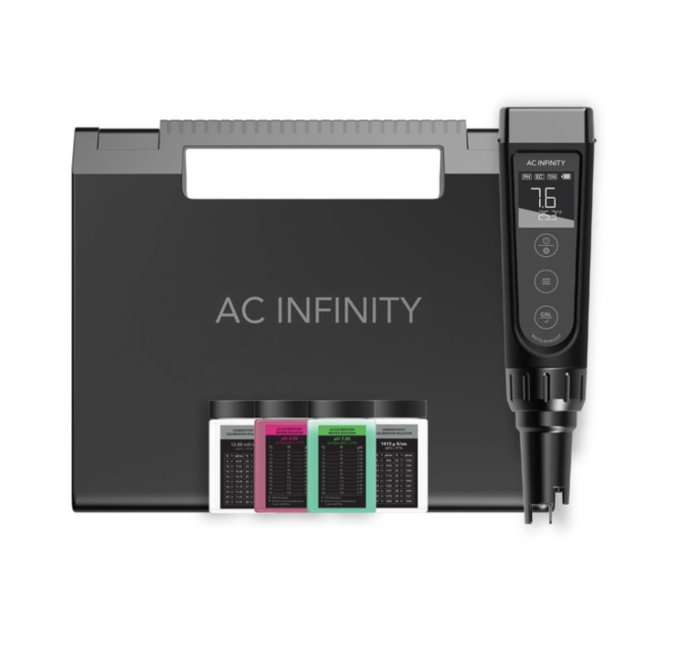 AC Infinity Hydroponic Meter PRO Kit AC-PHM7 z walizką transportową i kompletem roztworów kalibracyjnych pH, EC oraz KCL do konserwacji.