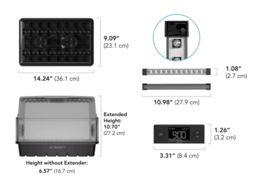 AC Infinity Propagator Premium – wymiary 36,1 x 16,7 x 23,1 cm i elementy zestawu