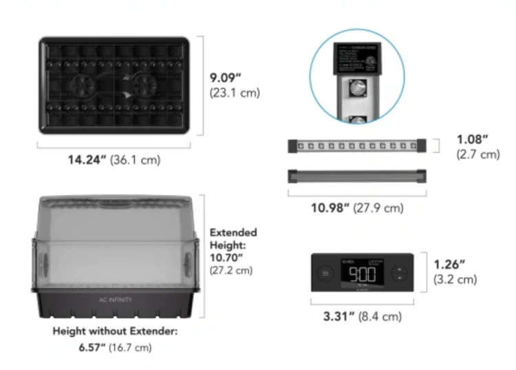 AC Infinity Propagator Premium – wymiary 36,1 x 16,7 x 23,1 cm i elementy zestawu