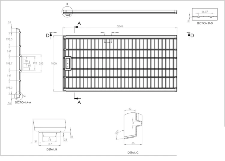 G-Tools stół uprawowy – rysunek techniczny i wymiary tacy 2 x 1 m (2040 x 1000 mm)