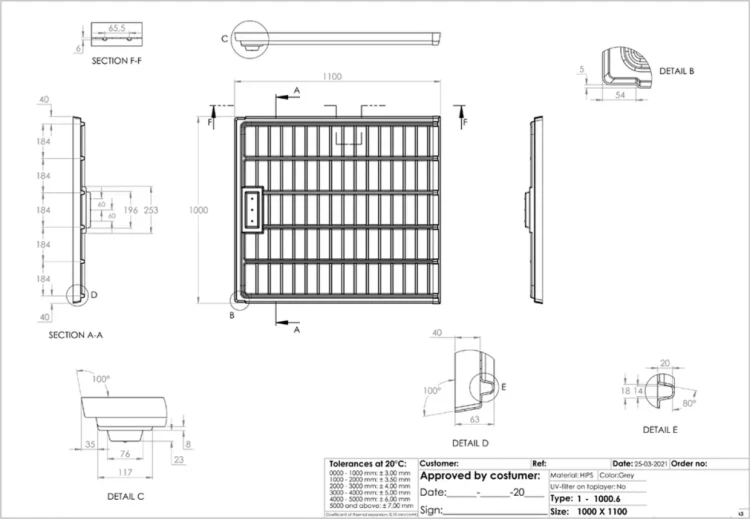G-Tools stół uprawowy – rysunek techniczny i wymiary tacy 1,1 x 1 m (1100 x 1000 mm)