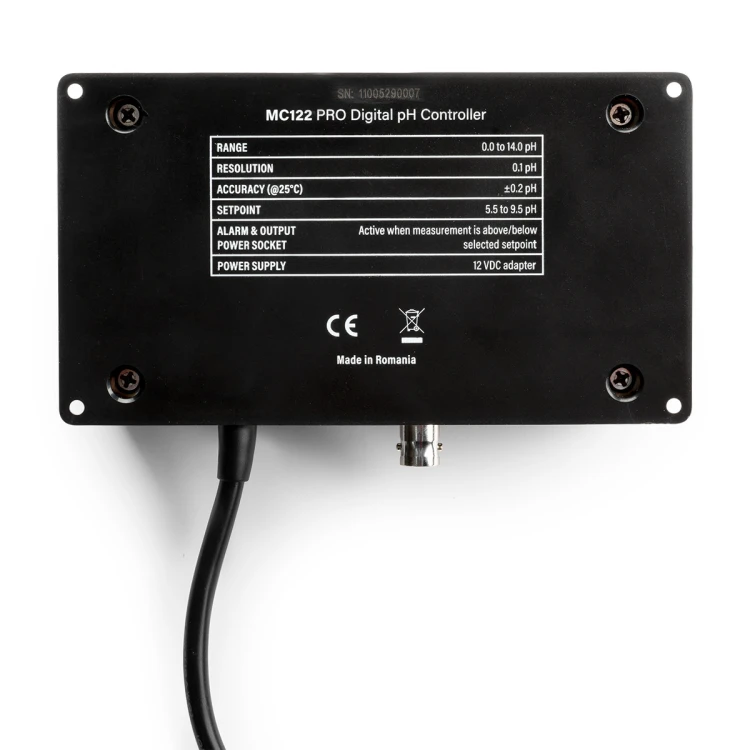 Milwaukee MC122 PRO – tylna obudowa sterownika pH z tabelą specyfikacji