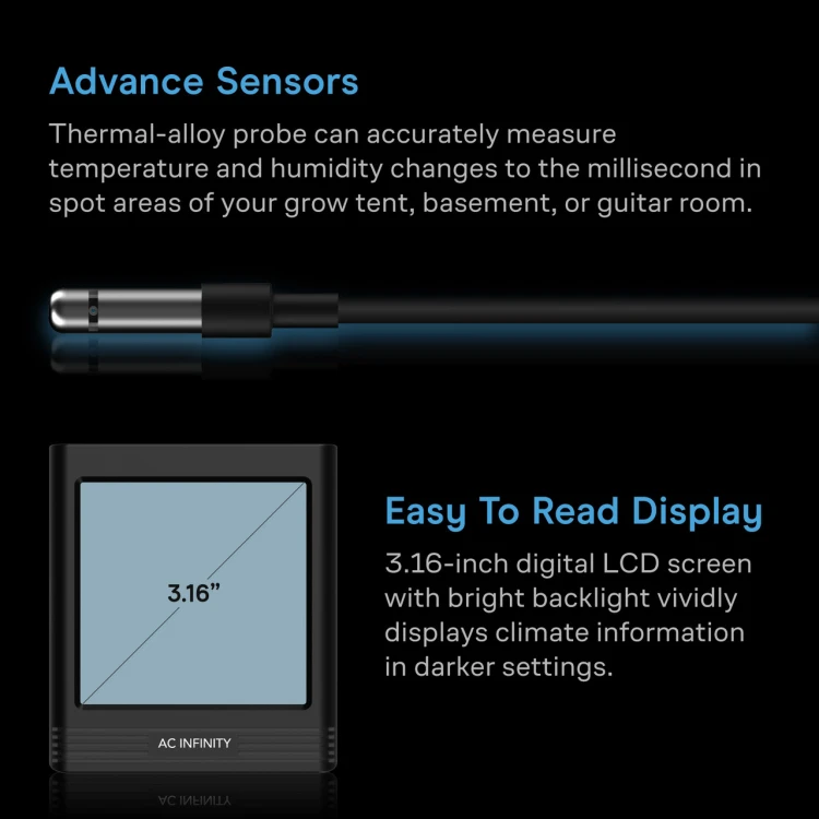 AC Infinity Smart Hygrometer B1 - sonda pomiarowa i podświetlany ekran LCD