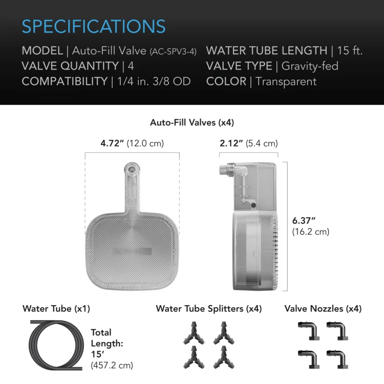 AC Infinity Auto-Fill Valve Kit - specyfikacja i zawartość zestawu
