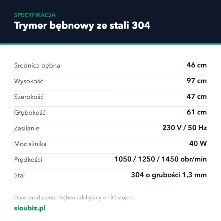 Trymer bębnowy ze stali 304 – wymiary i parametry techniczne